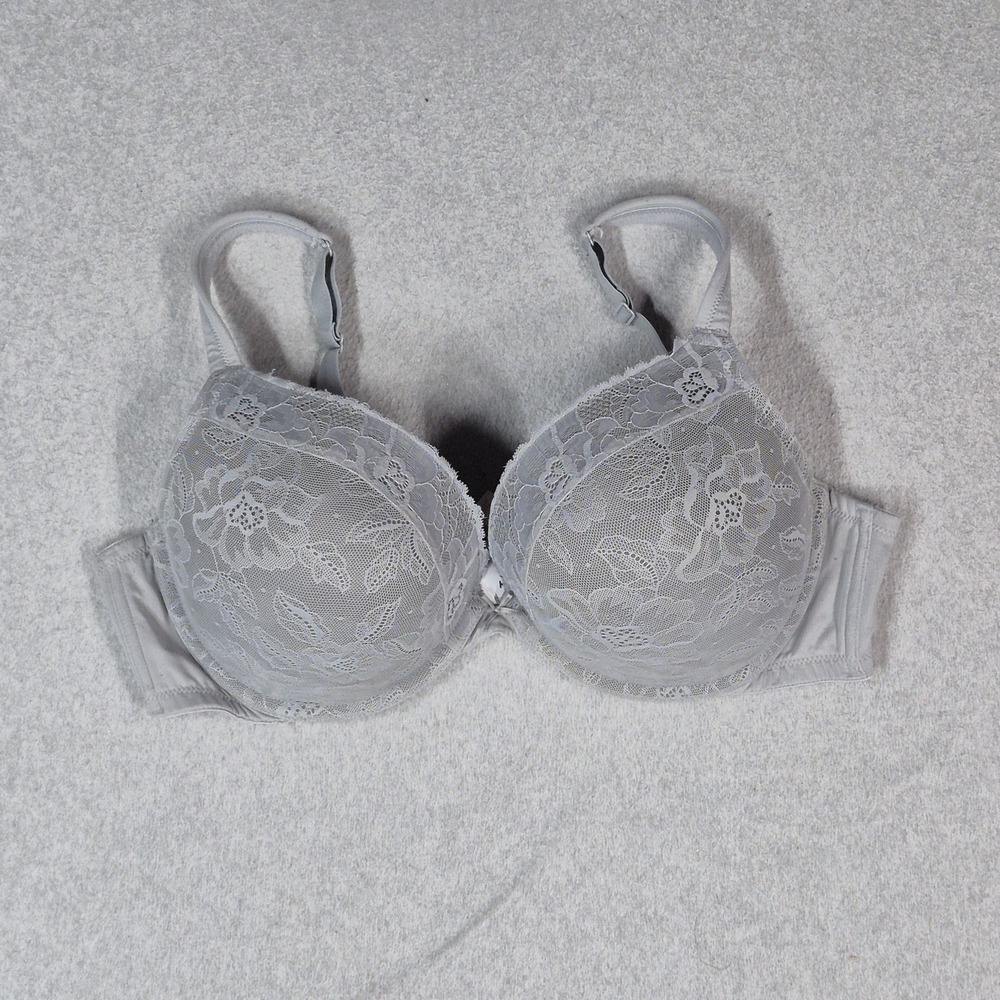 Cacique Women Bra 42DD Gray Floral Boost Plunge Push Up Underwired Lace